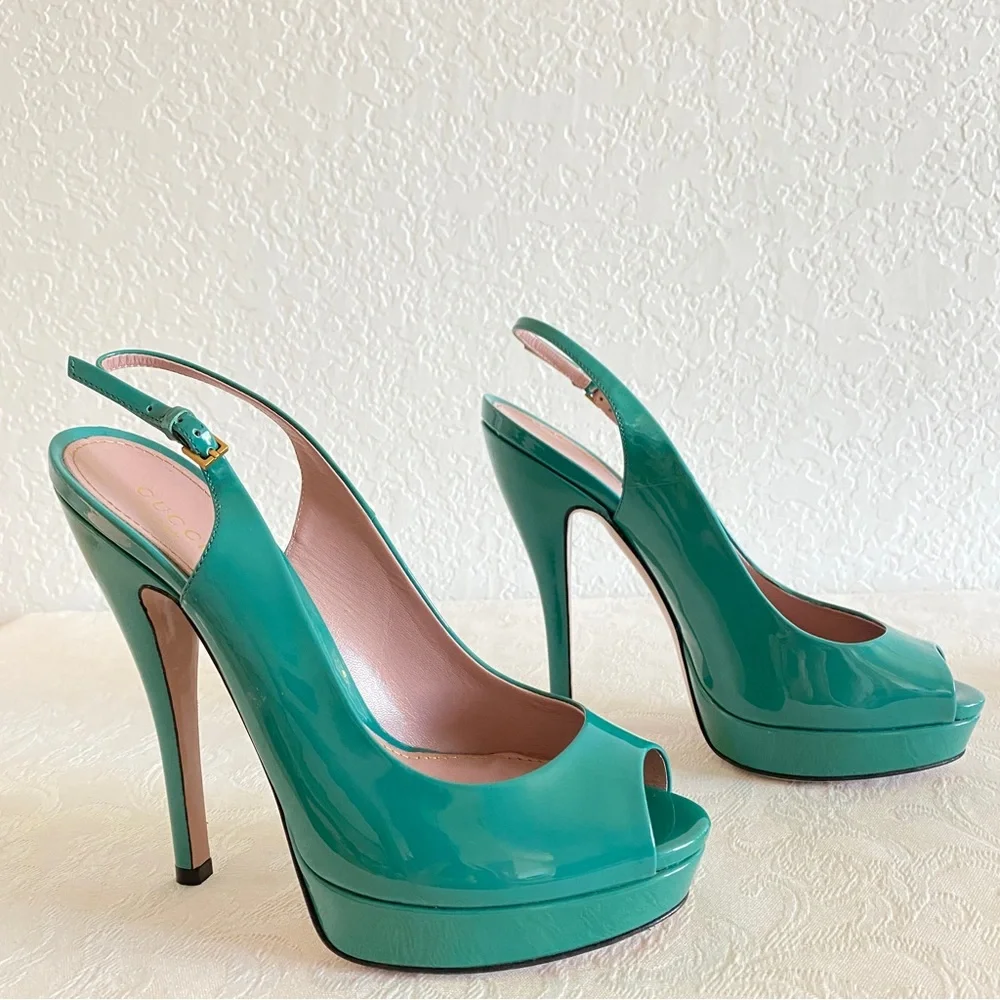 Gucci blue green patent leather peep toe platform sandals